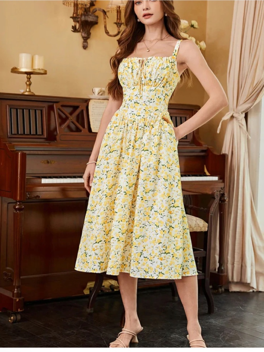 NWT Scarlet Darkness yellow midi floral bodice dress